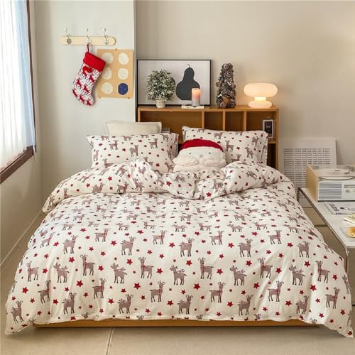 Lanqinglv Weihnachten Bettwäsche 135x200 Mädchen Kinder Weiß Rot Hirschmuster Sterne Babybettwäsche Kinderbettwäsche Bettbezug und 1 Kissenbezug 80x80cm Reißverschluss