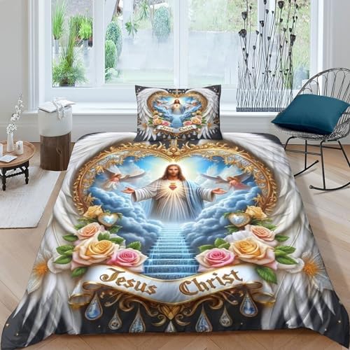 SAFGTXHTR Gott Jesus 3D Print Betten Set bunt Bettwäsche Set Microfaser Himmlische Qualität Autotoon Bettbezug Mit 1 Kissenbezug Teilig einfach?135x200cm?