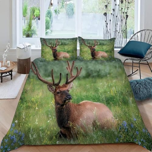 Buohwiwe Bettwäsche 155x220 Elch Bettbezug 155 x 220 cm 3 Teilig Wendebettwäsche 3D Tierhirschwald Weich Mikrofaser Bettwäsche-Sets mit Reißverschluss und 2 Kissenbezüge a/3119