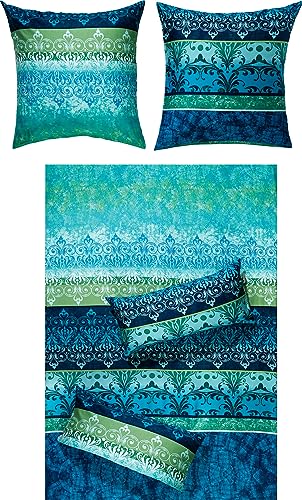 Erwin Müller Bettwäsche, Bettgarnitur, Bettbezug, Wende-Kissenbezug Mako-Satin orientalisch, blau Größe 80x80 cm / 135x200 cm - temperaturausgleichend, mit Reißverschluss