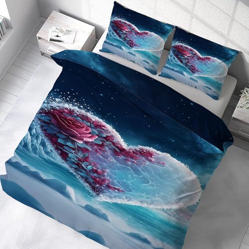 YZQGLHP Bettwäsche Set 200x220 Schnee Rose Bettbezug Microfaser Bettwäscheset Jugendliche Blau Weiß Deckenbezug King Size 3 Teilig Modern Luxus Bettgarnitur Paare Set Reißverschluss