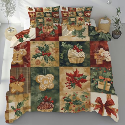Weihnachten Lebkuchenmann Bettbezug 135x200cm,Vintage Kariert Spleißen Komfortable Weiche Bettwäsche 3-Teilig mit Reißverschluss,Bettwäsc he Sets mit 2 mal Kissenbezüge,Bettbezug für Jugendliche