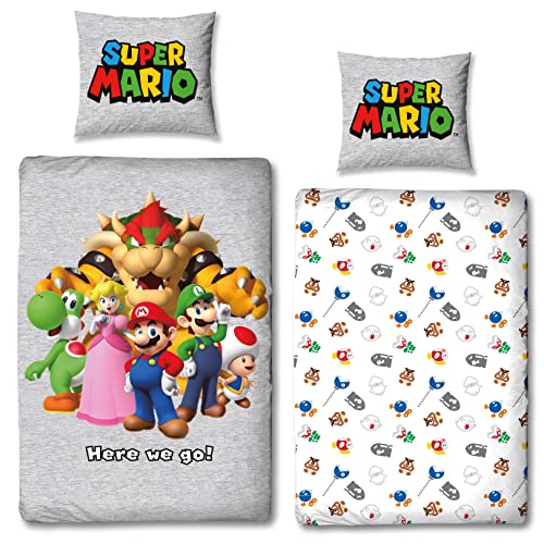 Character World Bettwäsche Super Mario 135x200 + 80x80 deutsche Größe · Nintendo · Mario Luigi & Friends 100% Baumwolle Teenager Kinder-Bettwäsche