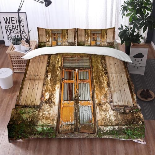 Holztür Bettwäsche 200x200 3D Drucken Retro-Landhausstil Bettwäsche-Sets Weiche Kuschelig Mikrofaser Bettbezug mit 2 Kissenbezüge 80x80 cm mit Reißverschluss s-1578