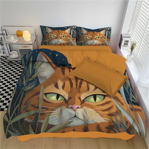 Bettwäsche 135*200cm Farbe Cartoon-Tier getigerte Katze Bettbezug Set 3 Teilig Pflanzenzweige und Blätter Blümchen Blumenmuster Weich Bettwäsche-Sets mit 2 Kissenbezüge 80x80 cm und Reißverschluss