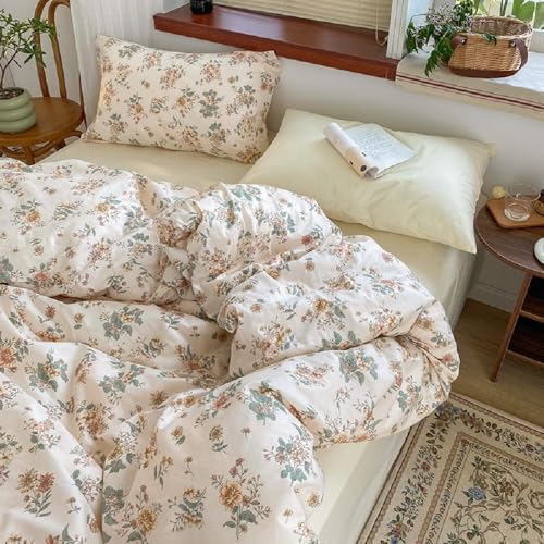 Lanqinglv Bettwäsche 200x200 cm Grün Beige Blumen Blätter Wende Bettwäsche Blümchen für Allergiker,Aesthetic Bettwäsche Set Vintage Bettbezug mit Reißverschluss und 2 Kissenbezug 80x80cm