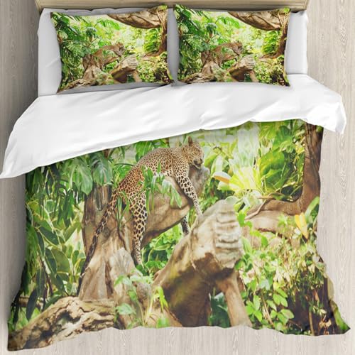 MJNLYDAO Sleeptime 100% Baumwolle Bettwäsche - Bettbezüge mit Reißverschluss - Set mit 2 Kissenbezüge,Safari-Set, Leopard auf dem AST in exotischer Savanne, Makro, tropischer Blattdsch,200x228 cm
