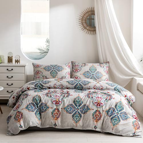 YASMENG Bettbezug 240 x 260 cm, Bohème, Mandala, Indisch, Türkis, Grau, Bettwäsche, Boho-Stil, weich, Mikrofaser, Bettwäsche für Doppelbett, Erwachsene, mit Reißverschluss mit Kissenbezug 65 x 65 cm