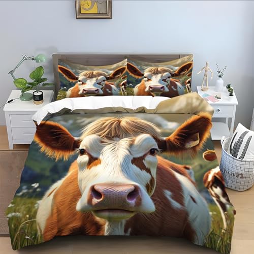 Bettwäsche 200x220 für Ochse,braun Bettwäsche Set 3 Teilig, Mikrofaser Bettbezug 200x220, Bettbezüge mit Reißverschluss Schließung und 2 Kissenbezug 80x80 cm-Tier A231