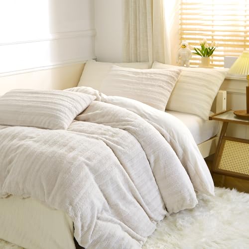 Nyescasa Plüsch Bettwäsche 135x200 Winter Warme Langhaar Flauschige Biber Flanell Fleece Beige Gestreift Wende Winterbettwäsche Set Mädchen Bettbezug mit Reißverschluss und Kissenbezug 80x80cm