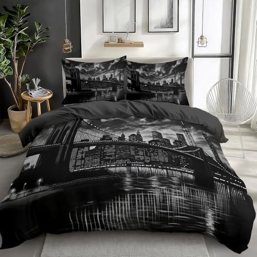 Schwarz Weiß Bettwäsche 200x200 cm Stadtansicht bei Nacht Brooklyn Bridge Bettbezug mit Reißverschluss Weiche Baumwolle Mikrofaser Bettwäsche-Sets für Kinder Jungen Mädchen Jugendliche