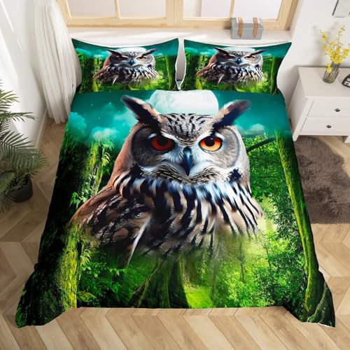 Loussiesd Feder Urwald Eule Bettwäsche 200x200cm Kinder Jungs Böhmischer Exotisch Vogel Bettwäsche Set 3D Eule Bettbezug Set Grün Wald Bettwäsche Set mit 2 Kissenbezug 80x80cm für Teens Mädchen Dekor