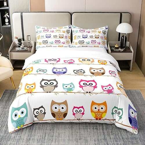 Loussiesd Süße Eule Bettwäsche Set 100% Baumwolle 155x220cm Jungen Mädchen Cartoon Eule Drucken Bettbezug Set für Kinder Vogel Dekor Betten Set Tiere Rosa Bettwäsche-Set Dekor Bettwäsche Zipper