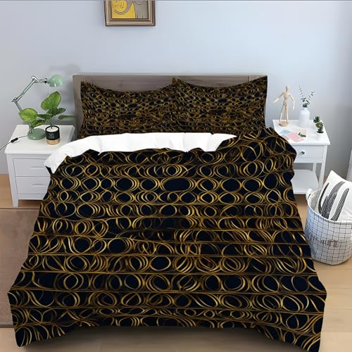 Bettwäsche 200x200 für Linie,Schwarz Bettbezug 3 Teilig, Mikrofaser 200x200 Bettwäsche Set Weicher Atmungsaktive, Bettbezüge mit Reißverschluss Schließung und 2 Kissenbezug 80x80 cm-Gold A212
