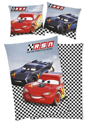 Disney Cars Bettwäsche, McQueen + Jackson Storm, 80x80cm 135x200cm, 100% Baumwolle, Renforcé