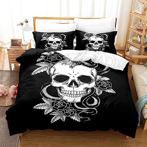 CIUNVXD Erwachsene Rose Schädel Bettwäsche-Set,Feuersch� �del,totenköpfe,Schwarz Weißer Totenkopf Bettbezug mit 2 Kissenbezügen 50x75cm (B, 135 x 200 cm)