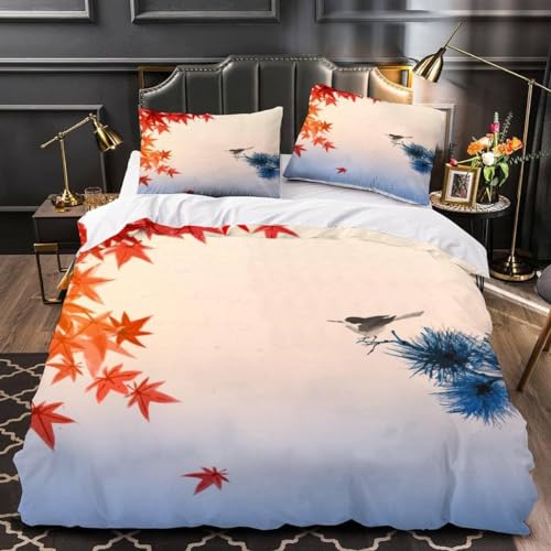 Bettwäsche 200x200 Rote Ahornblätter 3D Druck Bettbezug 200x200 Orientalische ästhetik Bettwäsche-Sets Weiche Mikrofaser Bettwäsche Set 3 Teilig Bettbezüge für Doppelbett mit 2 Kissenbezüge G-2119