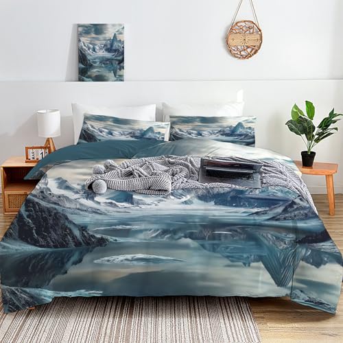 CEDNXOER Bettwäsche 135×200cm,Druck Schneeberg Bettwäsche Set, Natur See Weich Mikrofaser Bettbezug mit ReißVerschluss,Schlafzim mer Kinderzimmer mit 1 Kissenbezüge 80x80 cm