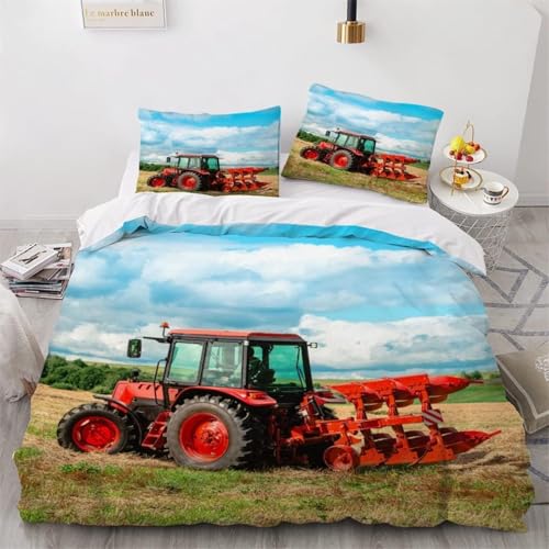 NDXRWDZR Bettwäsche 135x200 Roter Traktor Bettwäsche-Set mit Reißverschluss Schließung für Kinder Weicher Atmungsaktive Mikrofaser Bettbezug + 2 Kopfkissenbezug 80x80 cm