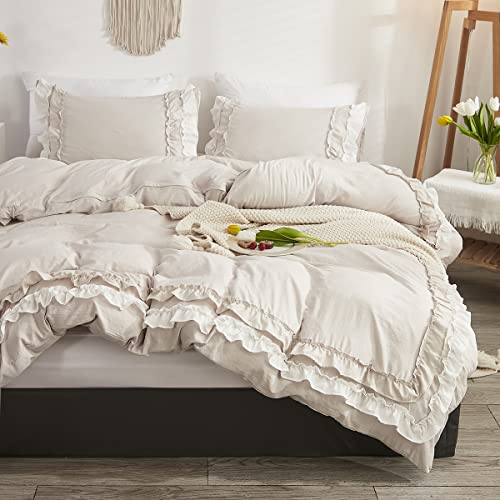 Sedefen Rüschen Bettwäsche 135x200cm Beige mit Weiß Romantische Rüschenbettwäsche Set ÖKO-TEX Zertifiziert Mikrofaser Bettbezug Rüschen Aesthetic Deckenbezug mit Reißverschluss und 1 Kissenbezug