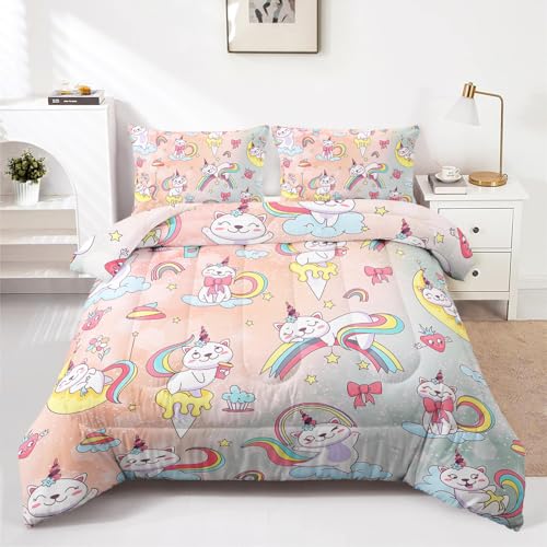 HOTRCR 3-teiliges Einhorn-Bettwäsche-Set mit Katze, Regenbogen-Bettwäsche-Se t für Mädchen und Erwachsene, Schlafzimmer- oder Raumdekoration, Ganzjahresdecke, Mikrofaser-Steppdecke mit 2 Kissenbezügen