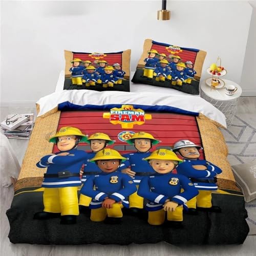 GOUVKEY Cartoon-bedrucktes Feuerwehrmann-Bettwäsche set „Feuerwehrmann Sam“ HD-Bettbezug Bettwäsche für Kinder Bettwäsche-Sets Schlafzimmerdekoration (90x200cm+80x80cmx1,11)