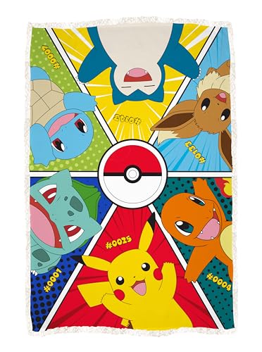 Pokemon Fleecedecke, superweicher, warmer Überwurf mit Sherpa-Rückseite, Pikachu, Charmander, Snorlax, Eevee-Design, perfekt für Zuhause, Schlafzimmer, Übernachtungen und Camping, Größe 100 x 150 cm