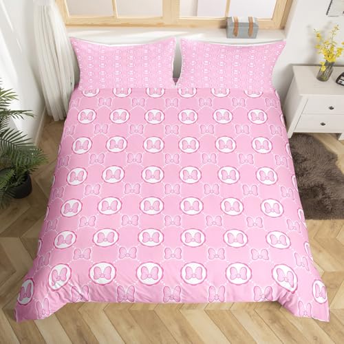 Rosa Bowknot Bettwäsche Set M Größe,Bogen gestreifte Plaid Bettdecke Set,Träumige Prinzessin Stil Deckbedeckung,Kinder Mädchen Frau,Schmetterling Krawatte Bogen Druck Quilt Abdeckung,1 Kissenbezug
