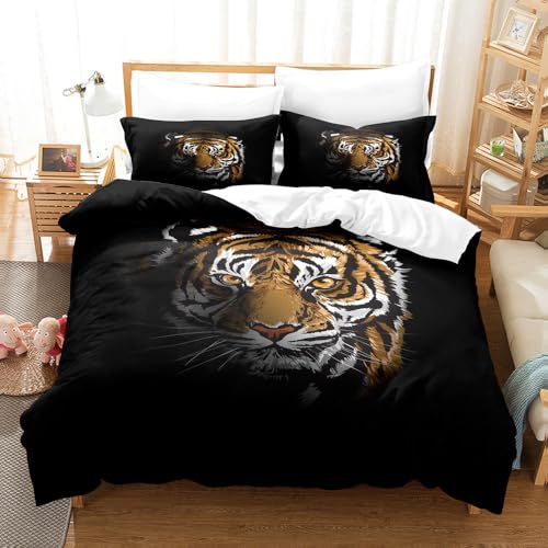 Bettwäsche 150x200 cm 3D Leopard-Tiger-Muster Bettwäsche Set 150x200 3teilig mit Reißverschluss Weiche und Angenehme Schlafkomfort Microfaser Bettbezug mit 2 Kopfkissenbezüge 80x80 cm