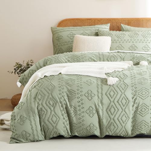 Freyamy Getuftet Bettwäsche 220x240 Vintage,Böhmen Bettwäsche sets 2tlg,Chic Geometrische Wendebettwäsche,Bohemien Wende Bettwäsche Microfaser Bettbezüge + 1 Kissenbezug 80x80 mit Reißverschlüsse,Grün