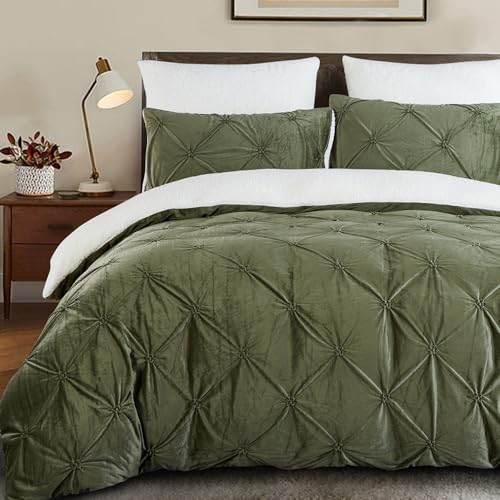 Lanqinglv Flanell Fleece Bettwäsche 135x200 Olivgrün Weiß Teddy Biber Winterbettwäsche Plüsch Cashmere Touch Flauschig Sherpa Pintuck Bettbezug mit Reißverschluss und 1 Kissenbezug 80x80cm