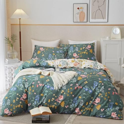Freyamy Bettwäsche 200x220cm 3teilig Grün Dunkelgrün Bunt Blumen Blätter Pflanzen Wendebettwäsche Floral Mädchen Bettwaren-Sets 100% Microfaser Bettbezug mit Reißverschluss und 2 Kissenbezug 80x80cm