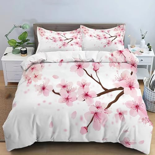 JEDTAKCT Bettwäsche Set 135X200Cm Blush Pink Kirschblütenzweige Pflanzen Im Anime-Stil 3D Polyester Bettbezug Sets, Weich Atmungsaktiv Bettbezüge Mit 2 Kissenbezug 80X80 cm, Für Alle Jahreszeiten