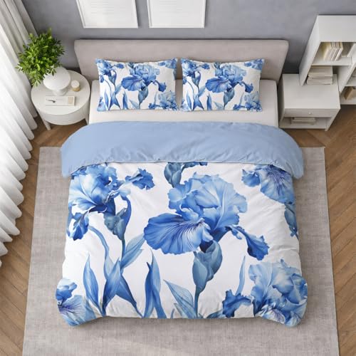Generisch Traumhaft Weiches Bettwäsche 180 x 200 cm, Blumen Pflanzen Blaue Iris Elegant Langlebig Maschinenwaschbar Bettwäsche Set mit Wendemotiv für Spielzimmer, Seeblau, 3 teilig mit Kissenbezüge