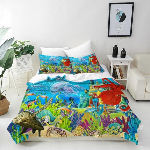ANHOPE Ozean Schloss Oktopus Bettwäsche Set 3 Teilig Weich Bettbezug 240x220 cm & 2 Kissenbezug 80x80 cm Microfaser Bettbezüge Set mit Reißverschluss Bettdeckenbezug für Kinder Jungen Mädchen