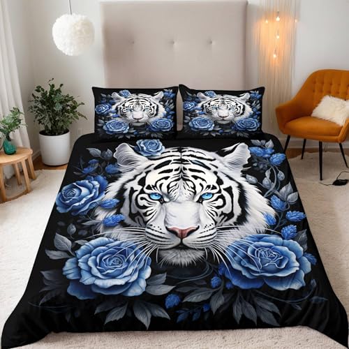 Tiger Bettwäsche 220X240 Tierblumen Bettbezug Junge Mädchen 3D Effekt Teenager Bettwäsche-Set Mikrofaser Bettbezug Mit Reißverschluss Und 2 Kissenbezug 80X80Cm