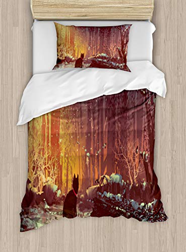 ABAKUHAUS Tier Bettbezugs Set für Einzelbetten, Dunkle Katze Mystic Bild, Milbensicher Allergiker geeignet mit Kissenbezug, 130 x 200 cm, Orange Braun