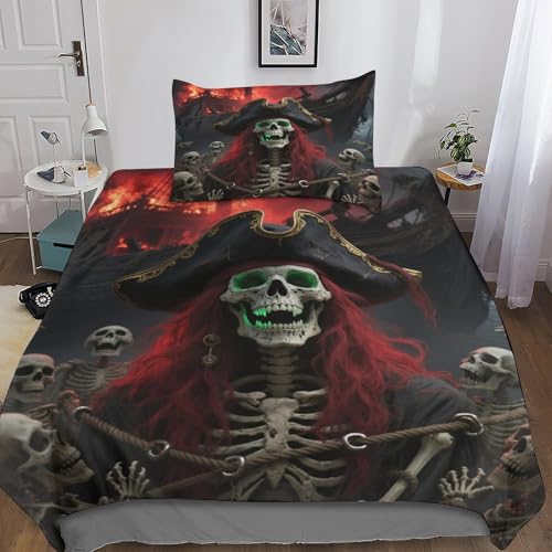Skeleton Pirates 3-teiliges Bettwäsche-Set 3D-Bedruckt Terror & Gothic Bettbezug Mit Reißverschluss & Kissenbezug-Design Single?135x200cm?