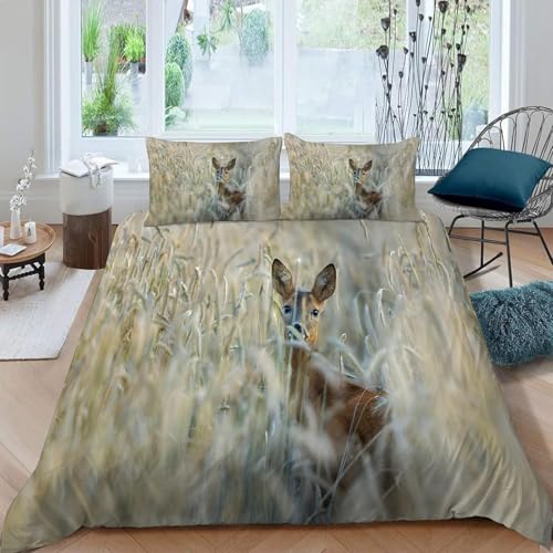 Bettwäsche 155x200 Hirsch Bettwäsche-Sets Wilde Tiere Bettbezug mit Reißverschluss 3D Weiche Mikrofaser Bettbezüge mit 2 Kissenbezüge 80x80 cm C-2300