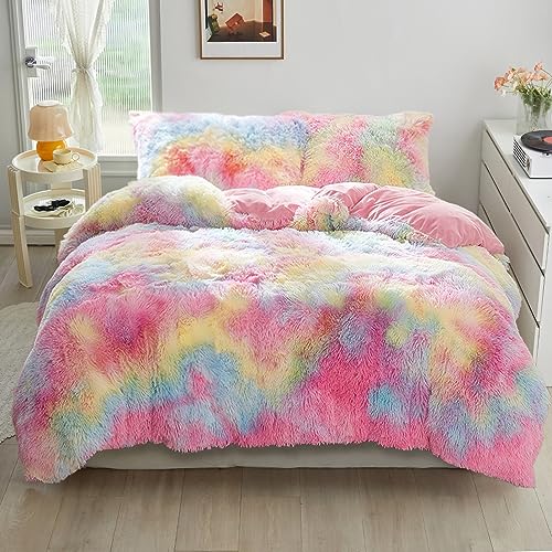 YASMENG Winter Plüsch Bettwäsche 135x200 Regenbogen Bunt Plüsch Langhaar Bettbezug Set Weich Kuschelig Flauschige Bettwäsche 2 Teilig für Kinder Mädchen mit Reißverschluss und 80x80 cm Kissenbezug