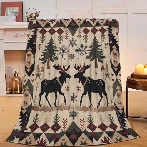 Flanell-Fleece-Decke, Hütte, Elch, Hirsch, Mitte des Jahrhunderts, Elch, flauschig, Plüsch, superweich, gemütlich, warm, Hirsch-Dekoration, Stofftier-Bettwäsche, Geschenke für Jungen, Mädchen, Kinder