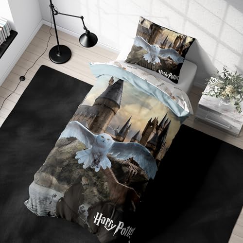 Harry Potter Bettwäsche 135x200 Baumwolle für Mädchen und Jungen, Hogwarts Kinderbettwäsche, 1x Kissenbezug 80x80 + Bettbezug 135x200, Eule Hedwig Geschenk