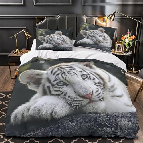 Wild Tiger Porträt 3D Gedruckt Bettwäsche 3 Teilig black Weiß Animal Bettbezug mit Reißverschluss Weich mit Kissenbezug Schlafkomfort Hautfreundlich for Erwachsene,Kinder,Teenage r Single?135x200cm?
