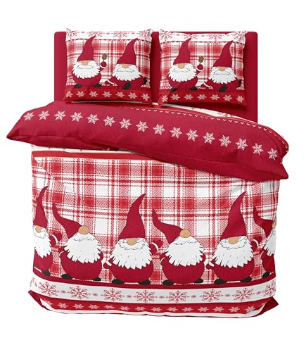 one-home Winter Bettwäsche 240x220 cm Wichtel Weihnachten rot weiß Flausch Warme Fleece