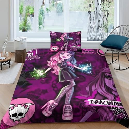 Monster High 3D Gedruckter Animierte Figuren Für Kinder Mädchen Jungen Bettbezug Set Bettwäschegarnitur Bettwäsche Reissverschluss Und Kissenbezüge Weich Microfaser 3 Teilig Single?135x200cm?