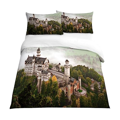 EXSANLIEAY Bettwäsche 240x220 Schloss Bettbezug Weich Mikrofaser Landschaft Bettwäsche-Sets mit Reißverschluss und 2 Kissenbezüge 80x80 für Mann und Frau