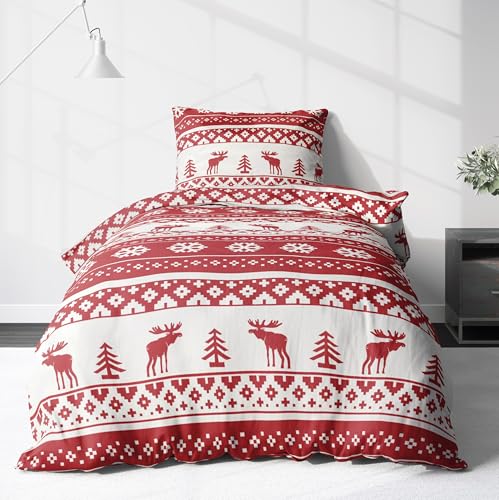 LINKHOFF Winter Flanell Bettwäsche 135x200 2 teilig - Fein-Biber Weihnachtsbettwäsche in Rot - Weihnachts Bettwäsche aus 100% Baumwolle - Winterbettwäsche Hirsch