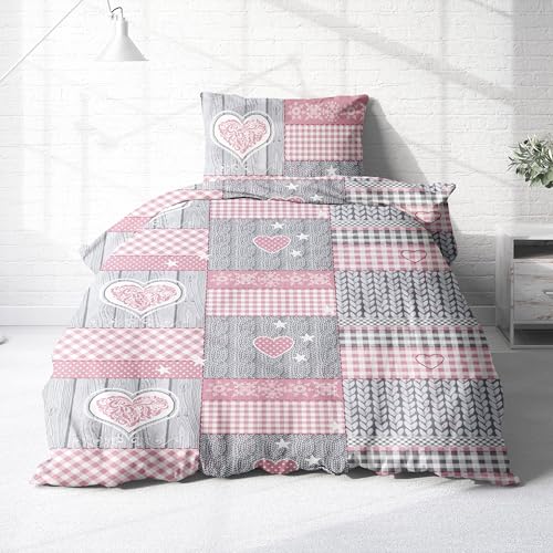 Träumschön Biber Bettwäsche Set 2tlg 155x220 cm + 80x80 cm – Flauschige Kinderbettwäsche Rosa – Weiche Winterbettwäsche mit Herzen - Atmungsaktiv, Warm & Hautfreundlich - 100% Baumwolle