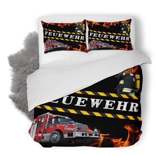 3D Feuerwehrauto Fahrzeug Muster Bettwäsche 155x220 cm Weich Mikrofaser Feuerwehr Bettwäsche-Sets mit Reißverschluss 3 Teilig Bettbezug Set mit Kissenbezug 80x80 cm