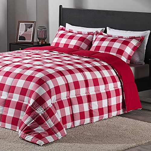 downluxe Bettwäsche-Set für Twin-Size-Betten mit 1 Kissenbezug, 2-teiliges Set, leicht, Daunen-Alternative, wendbare Steppdecke, rot/weiß kariert